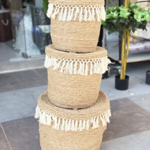 طقم سلة قش مدورة مع غطاء